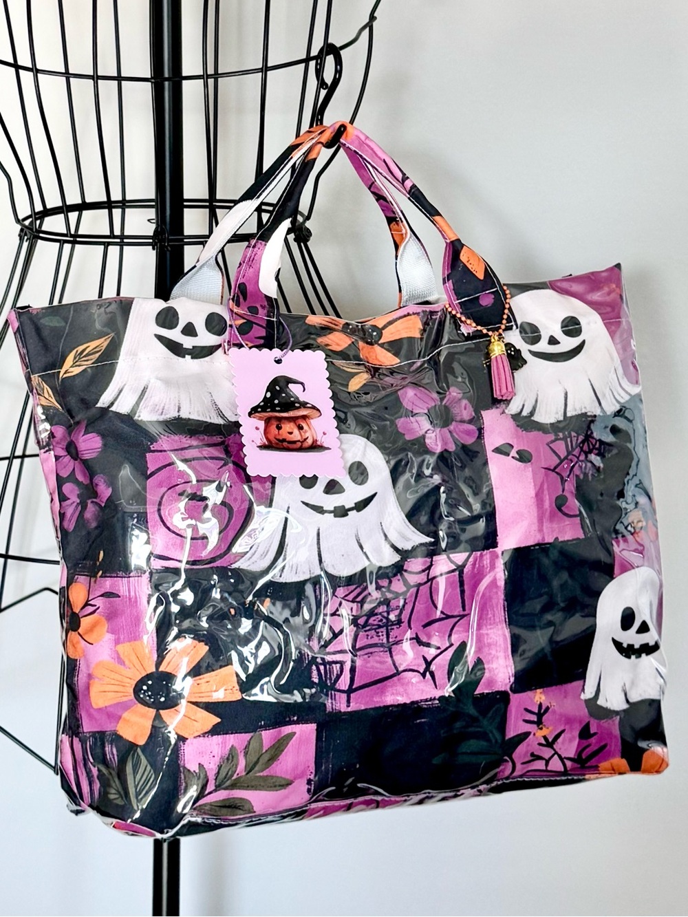 New Halloween Ghost Purple & Black Checkered PVC Handbag Purse Tote Bag 17.5x12”